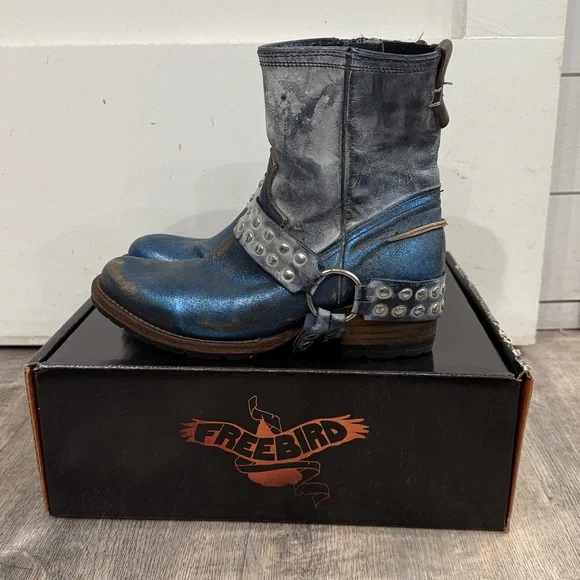 Freebird Metallic Blue Ramone Motorcycle Studded Harness Moto Boots 8 - Picture 3 of 11